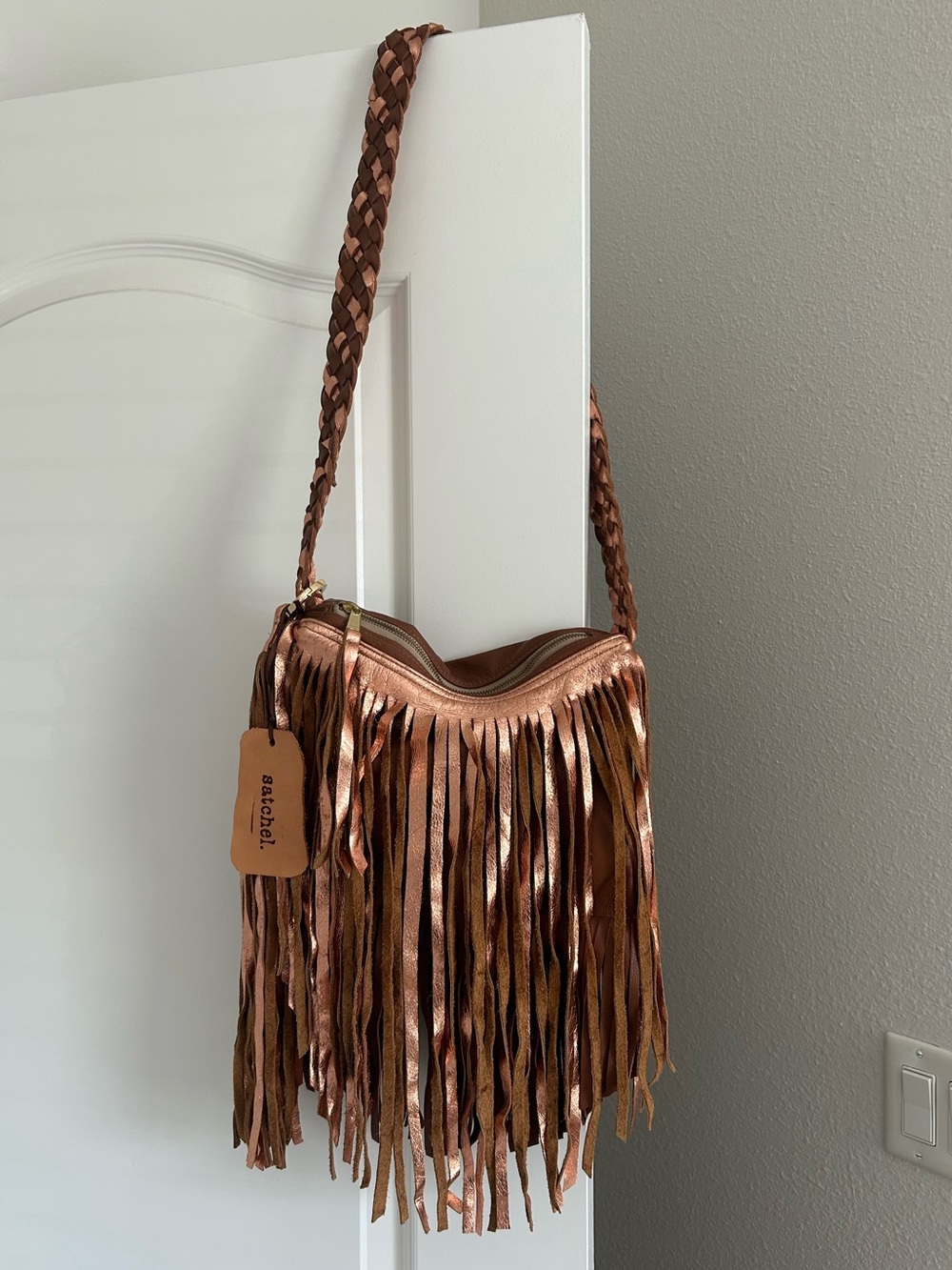 Satchel. Mary Liz Leather Metallic Copper Fringe Concert Crossbody Braided Strap